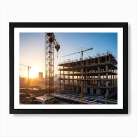 Construction Site With Cranes And A Building Under Construction At Sunrise, With A City Skyline In The Background 3 Art Print