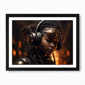 Elegant ebony girl in sleek cyberpunk headset Art Print