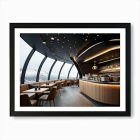 Hyper Realistic Nordic Style Coffee Shop Situated Inside An Innovative Spaceship With A View Toward Art Print