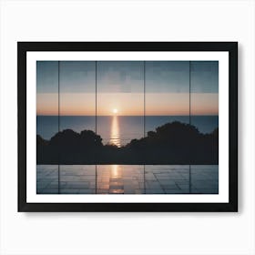 View Of A Sunset Over The Ocean From A Large Window Art Print