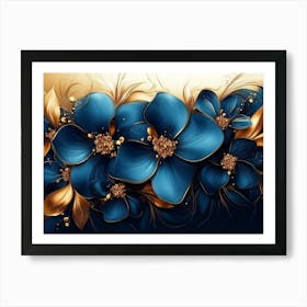 Abstract Background with Gold and Blue Flowers, Modern Luxury Art Print