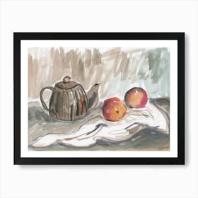 Still Life With A Tea Pot In Beige And Gray - kitchen cafe food watercolor hand painted Art Print
