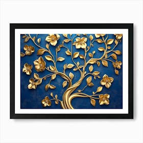 Elegant Gold and Royal Blue Floral Tree with Seamless Leaves and Flowers Hanging Branches Art Print