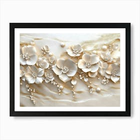 3d White Flower Art Background Golden Artwork, Custom Design Art Print