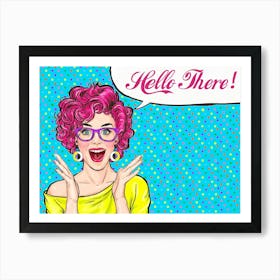 Pop Art Girl With Purple Hair Say Hallo Art Print