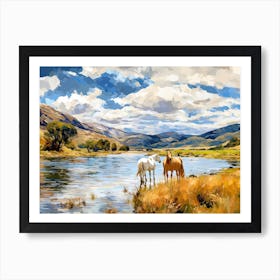Horses Painting In Lake District, New Zealand, Landscape 3 Art Print