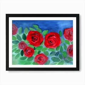 Rose Garden - red green blue flower floral Art Print