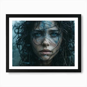 Close Up Portrait Of A Weathered Female Face Hair Gray And Wild Eyes A Piercing Blue Amidst A Mane Art Print