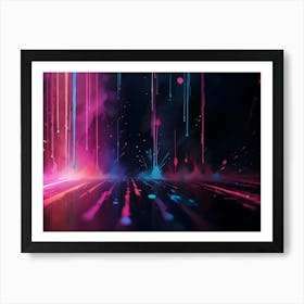 Abstract Background With Vibrant Streaks And Splashes Of Colorful Paint, Primarily Pink, Blue, And Orange, On A Dark, Reflective Surface Art Print