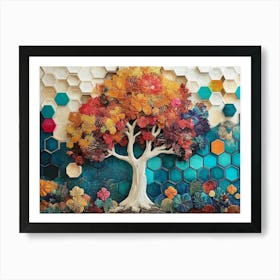 Dynamic On Oak Featuring A Whimsical Tree, White Lattice and Vibrant, Colorful Hexagons Art Print