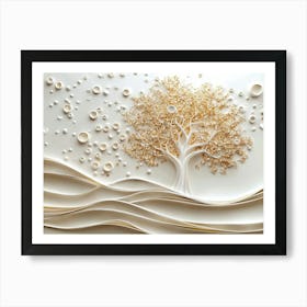 3d White and Gold Tree Life, 3d Art Gold Tree and White Circles High Art Print