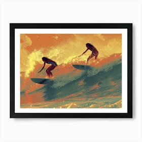 Two Surfers Riding A Wave Art Print