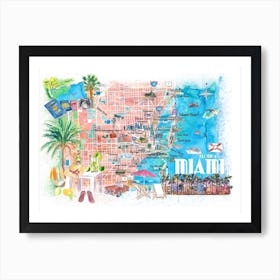 Miami Florida Illustrated Travel Map With Roads And Highlights Art Print