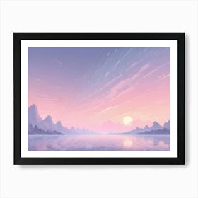 A Peaceful And Dreamy Image Of A Pink And Purple Sunset Over A Still Lake With Mountains In The Background, Creating A Serene And Tranquil Atmosphere Art Print