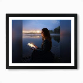 Graceful Figure Seated By A Serene Lake At Dawn Holding An Open Holy Bible Soft Light Caressing Th (3) Art Print