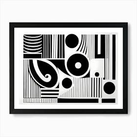 Retro Inspired Linocut Abstract Shapes Black And White Colors art, 218 Art Print