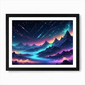 A Surreal Landscape Of Colorful Mountains And A Glowing River Under A Night Sky With Shooting Stars, Evoking A Sense Of Wonder And Fantasy Art Print