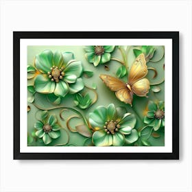 Green Flowers With A Butterfly Art Print