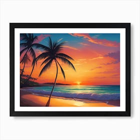 A Tranquil Beach At Sunset Horizontal Illustration 37 Art Print