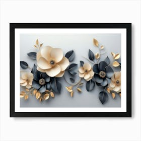 3d Featuring A Minimalistic Floral Design With Modern Flowers Against A Gray Background Art Print