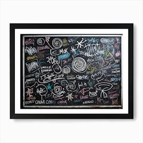 Blackboard Art Showcasing The Creative Chaos Of Chalk White Strokes Swirling With Abstract Circles A 2 1 Art Print