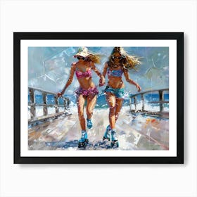 Girls Roller Skating On Boardwalk Art Print