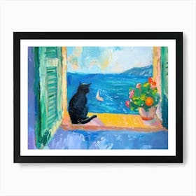 Cat Black On A Window Beach Matisse Style Art Print