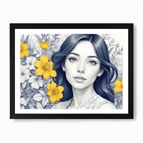 A Portrait Of A Young Woman With Flowing Dark Hair And Freckles, Surrounded By Delicate Flowers With Bright Yellow Petals Art Print