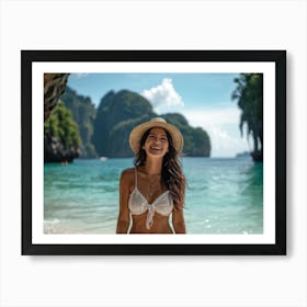 A Single Woman Embodying Leisure And Happiness Embarks On A Tropical Holiday To A Scenic Island In Art Print