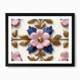 Seamless Relief Sculpture Ation Retro Pattern Curve Cross Pink Flower Leaf Gold Frame Line Art Print