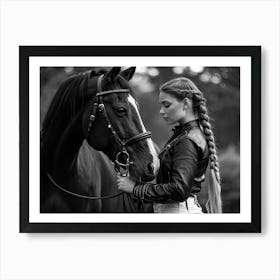 Woman In Fitted Black Leather Jacket White Breeches Holding Reins Gentle Lean On A Majestic Black Art Print