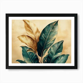 Vintage Tropical Green Brown Leaves, Beige Background, Golden Texture 2 Art Print