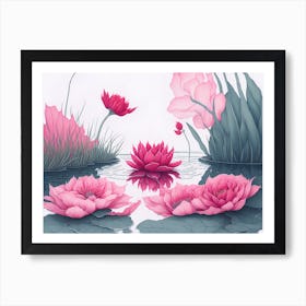 Pond of Pink Lotus Flowers Art Print