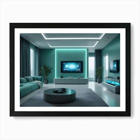 A Modern Living Room With A Green Sofa, A White Coffee Table, And A Large Screen Displaying A Futuristic User Interface Art Print