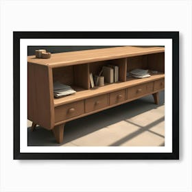 A Wooden Cabinet With Drawers And Shelves, Styled In A Retro Or Mid Century Modern Aesthetic Art Print