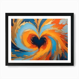 Abstract Blue Heart Shape In The Center Of A Swirling Mixture Of Blue, Orange, And Gold Paint Art Print