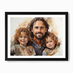 Jesus with little children - watercolor painting. 1 Art Print