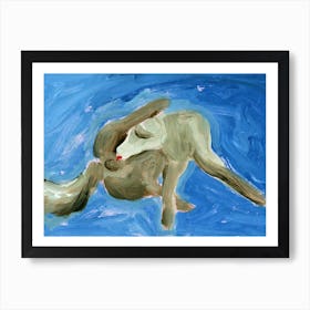 Dog Licks Balls painting animal pet dog blue hand painted acrylic artwork horizontal blue funny Art Print