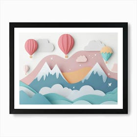 Hand Drawn Childish Art with Mountains, Balloons and Clouds 3 Poster