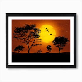 Sunset With Birds Digital Art Landscape Trees Artwork Art Print