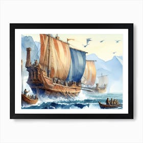 Viking Ships AI watercolor Art Print