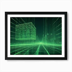 Abstract Digital Artwork Of A Futuristic Cityscape With A Glowing Green Cube Floating Above A Street Art Print