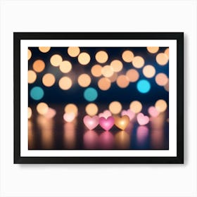 A Romantic Scene Of Three Glowing Hearts On A Reflective Surface Art Print