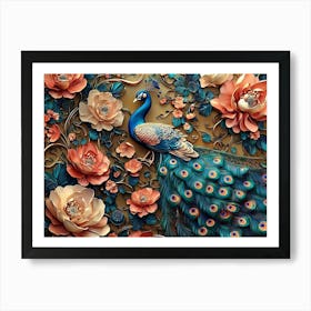 Elegant Leather Base Combines Bright Color Floral With Exotic Oriental Pattern Flowers And Peacocks 2 Art Print