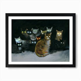 Cats In The Dark glowing eyes animals pets black painting funny bedroom living room Art Print