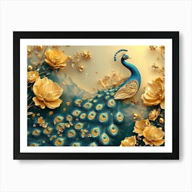 3d Artwork Peacock Illustration Background with Golden Jewelry and Flowers Art Print