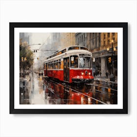 Red Trolley On The Street Art Print