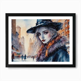 Watercolor Witch in New York City Ice Skating Rink NY Witchy Goth Girl Art Snowing Winter Scene Christmas Yule Iconic Wicca Pale Faced Beautiful Woman in a Hat Fairytale Magical Gallery Feature Wall HD Art Print