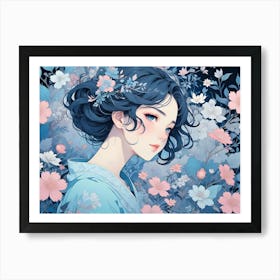 A Digital Painting Of A Woman With Blue Hair And Eyes, Surrounded By Pink And White Flowers Art Print