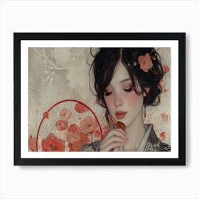 Geisha Grace: Elegance in Burgundy and Grey. Asian Girl 1 Art Print